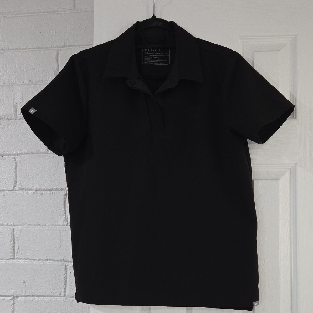 Figs Black Short Sleeve Polo Top Size Medium
